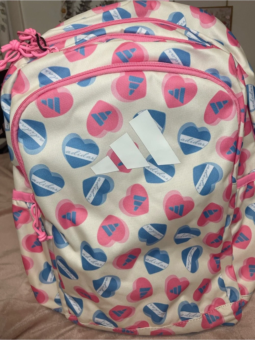 adidas Kids Heart Pattern Backpack in Pink, Blue & Cream